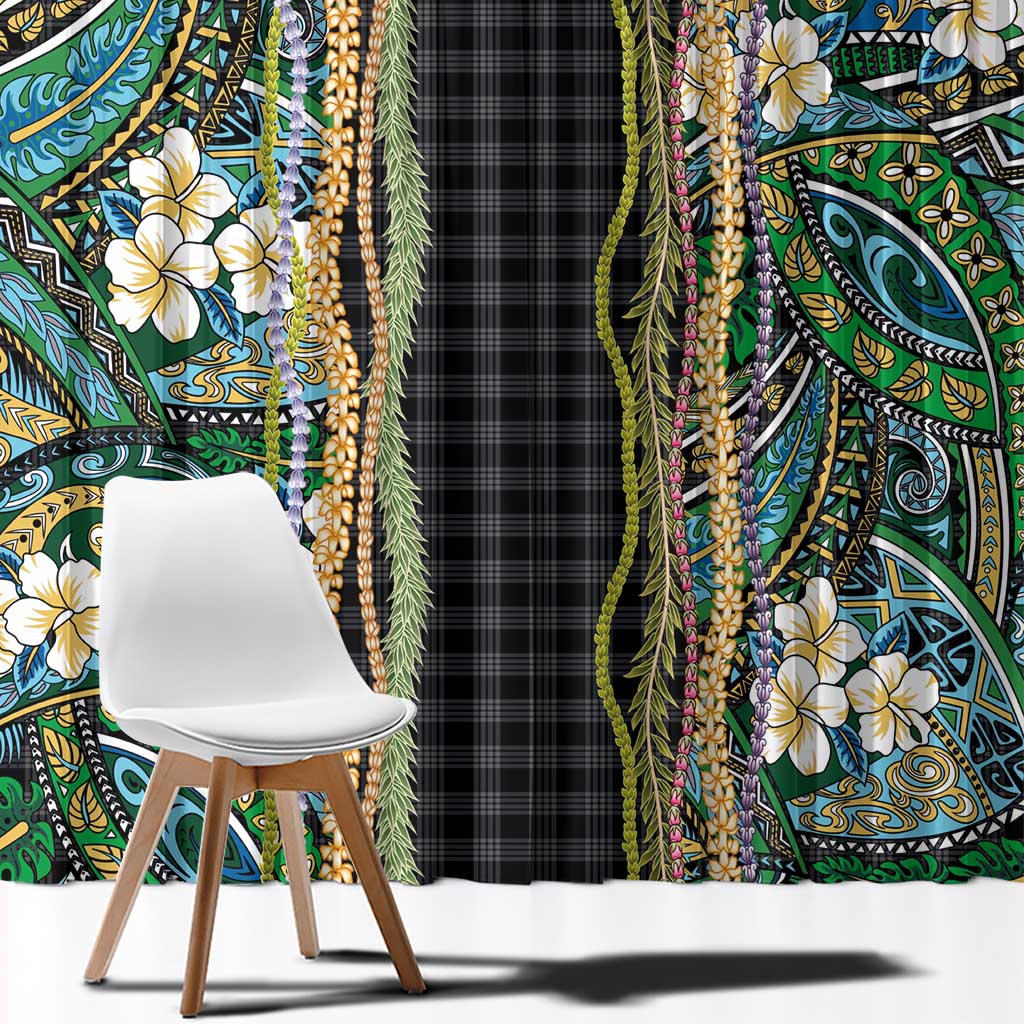 Hawaiian Art Flower Tribal with Lei Window Curtain Palaka Pattern Black Color - Polynesian Pride