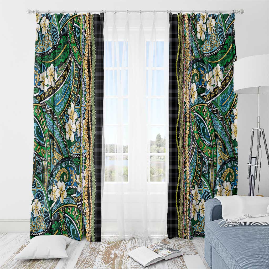 Hawaiian Art Flower Tribal with Lei Window Curtain Palaka Pattern Black Color - Polynesian Pride