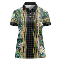 Hawaiian Art Flower Tribal with Lei Women Polo Shirt Palaka Pattern Black Color - Polynesian Pride