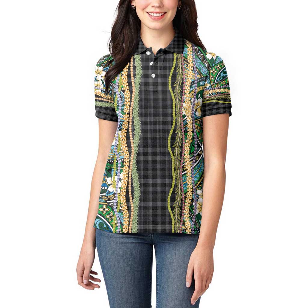 Hawaiian Art Flower Tribal with Lei Women Polo Shirt Palaka Pattern Black Color - Polynesian Pride