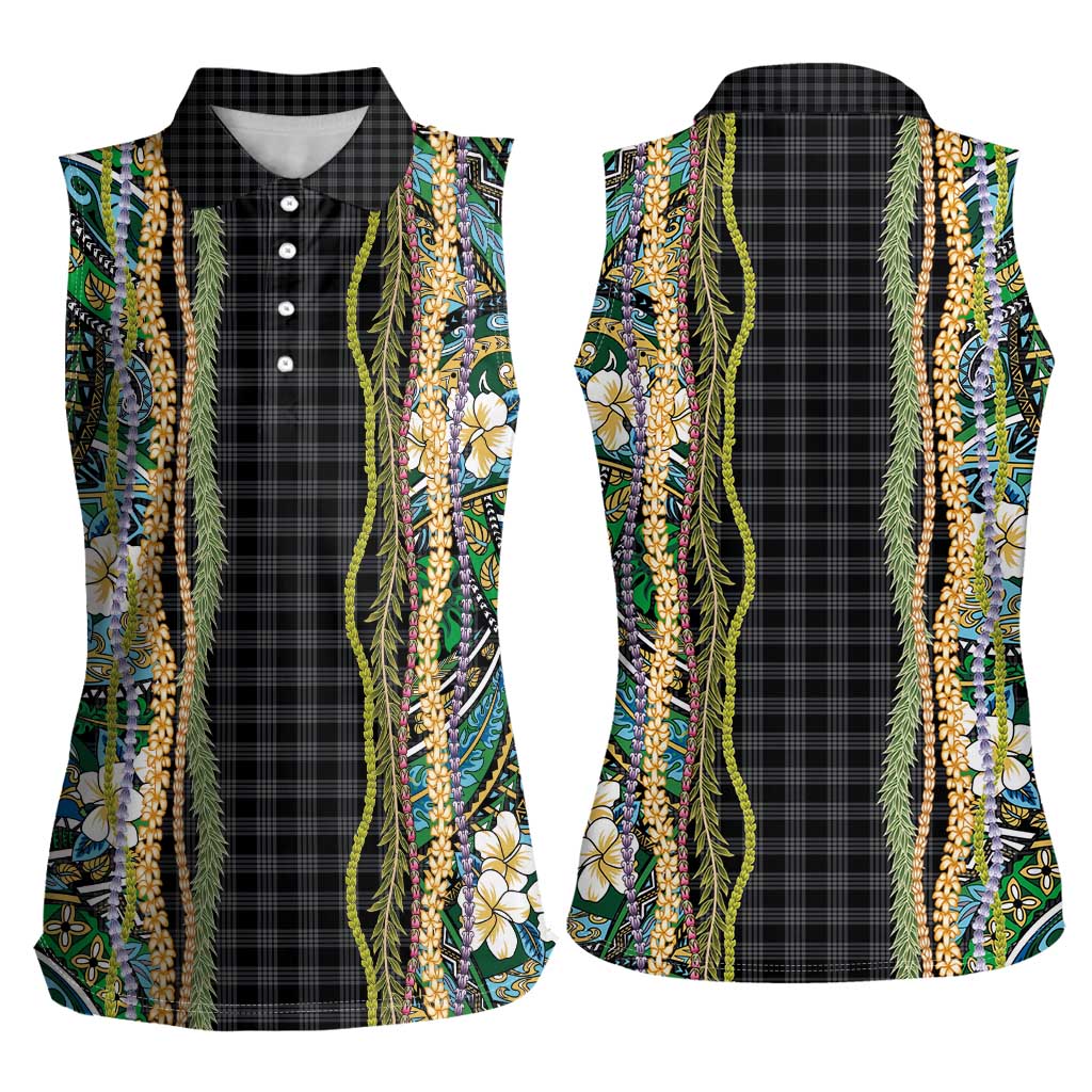Hawaiian Art Flower Tribal with Lei Women Sleeveless Polo Shirt Palaka Pattern Black Color - Polynesian Pride