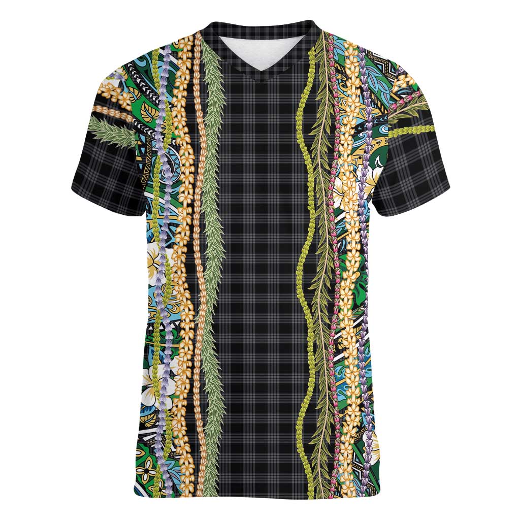 Hawaiian Art Flower Tribal with Lei Women V-Neck T-Shirt Palaka Pattern Black Color LT03 Female Black - Polynesian Pride