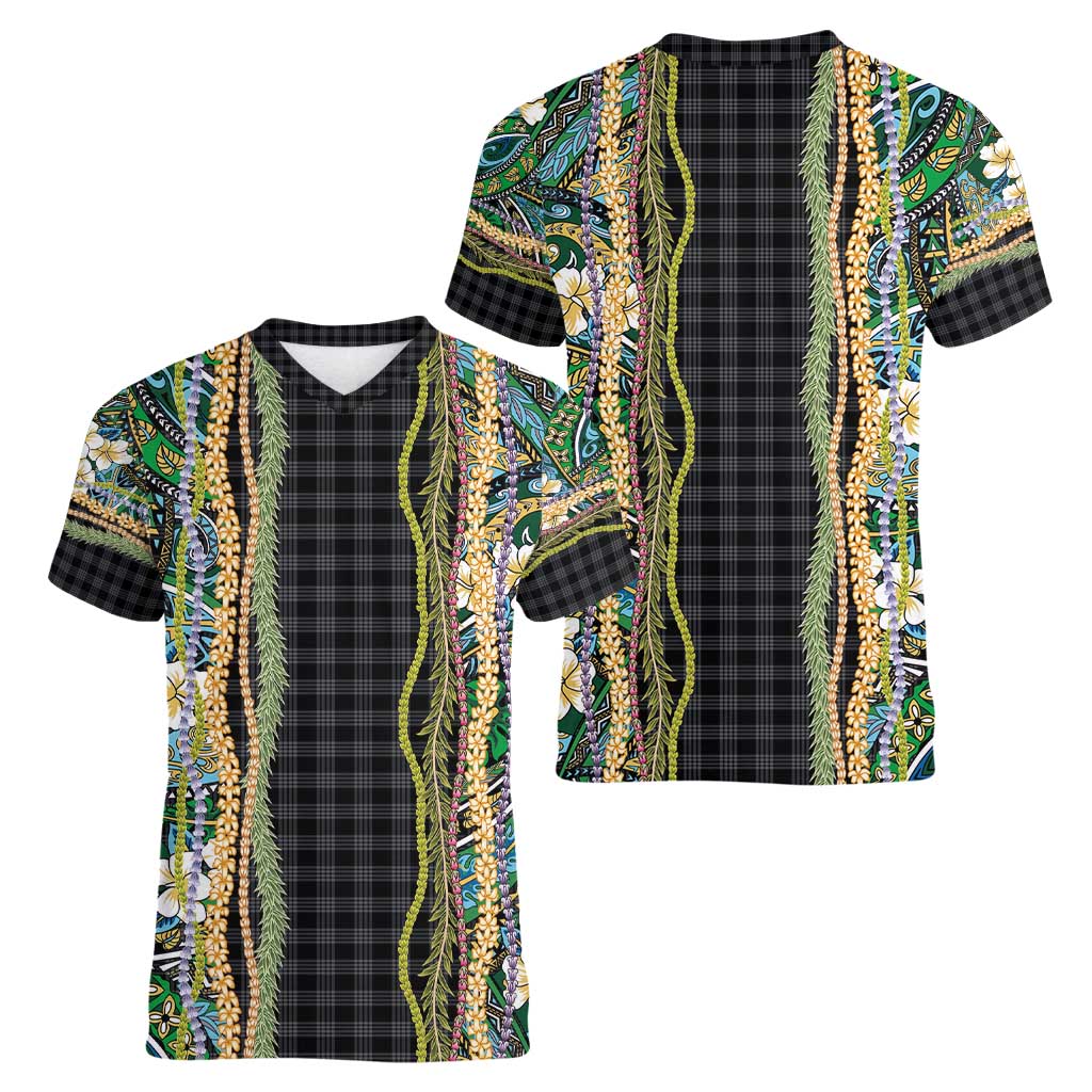 Hawaiian Art Flower Tribal with Lei Women V-Neck T-Shirt Palaka Pattern Black Color - Polynesian Pride