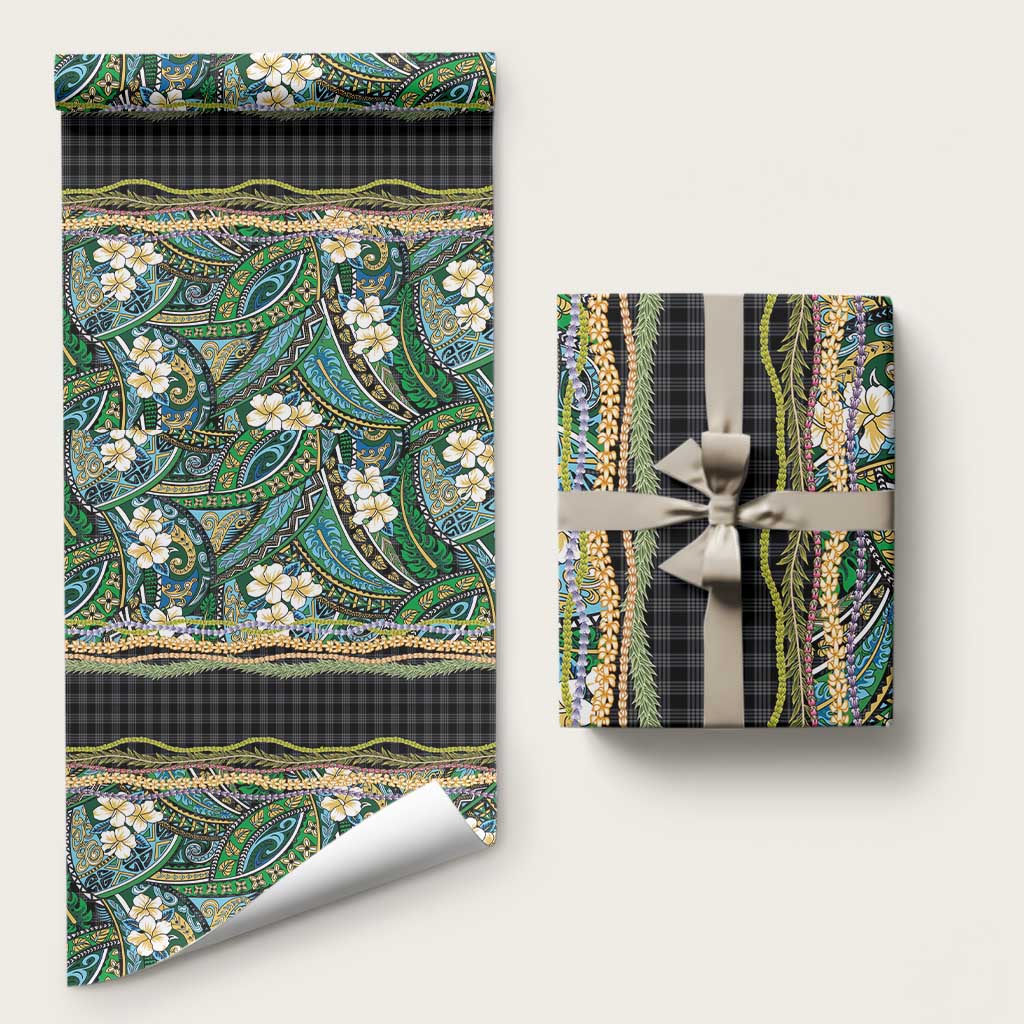 Hawaiian Art Flower Tribal with Lei Wrapping Paper Palaka Pattern Black Color LT03 58" × 23" Black - Polynesian Pride