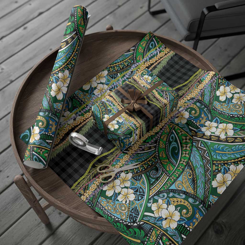 Hawaiian Art Flower Tribal with Lei Wrapping Paper Palaka Pattern Black Color - Polynesian Pride