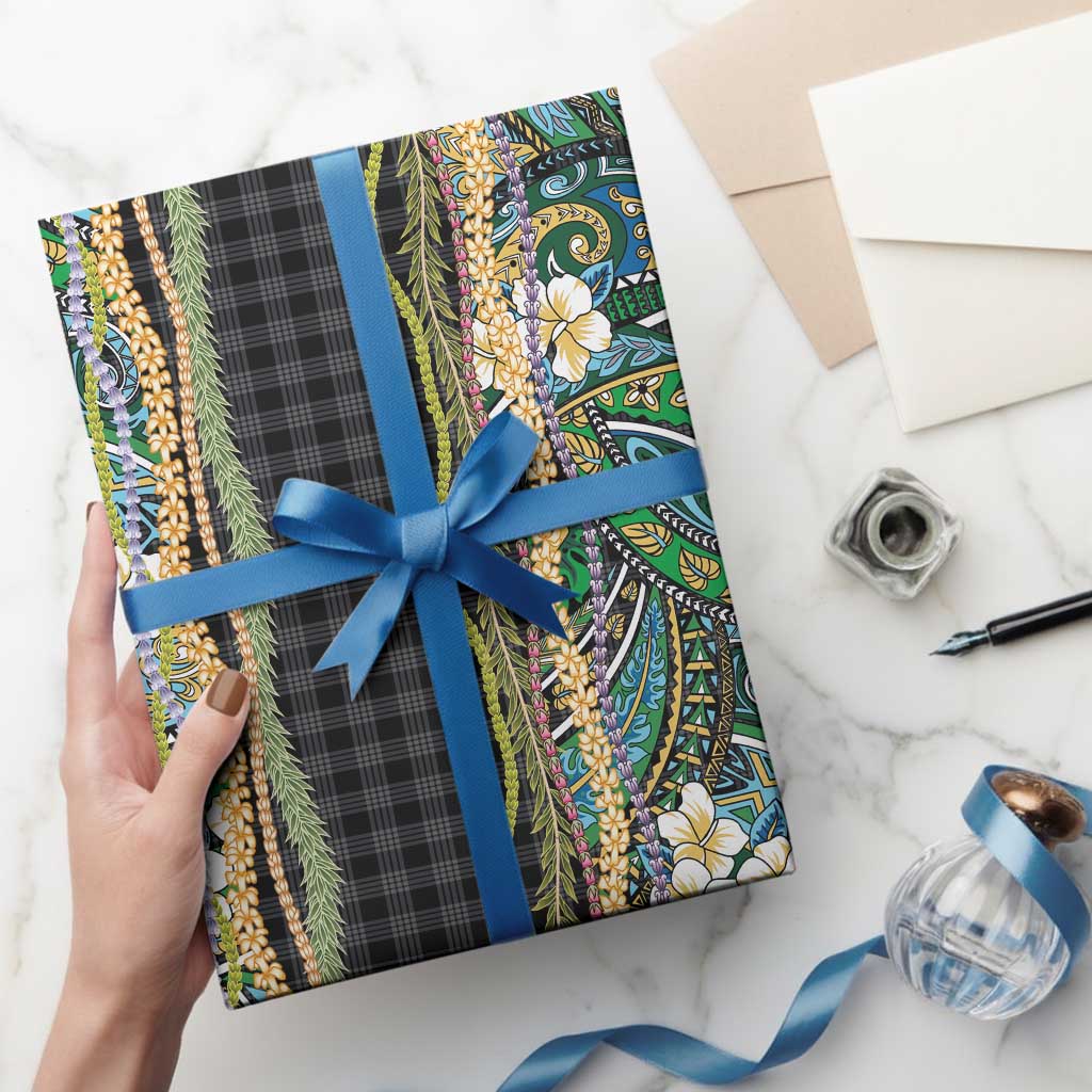 Hawaiian Art Flower Tribal with Lei Wrapping Paper Palaka Pattern Black Color - Polynesian Pride