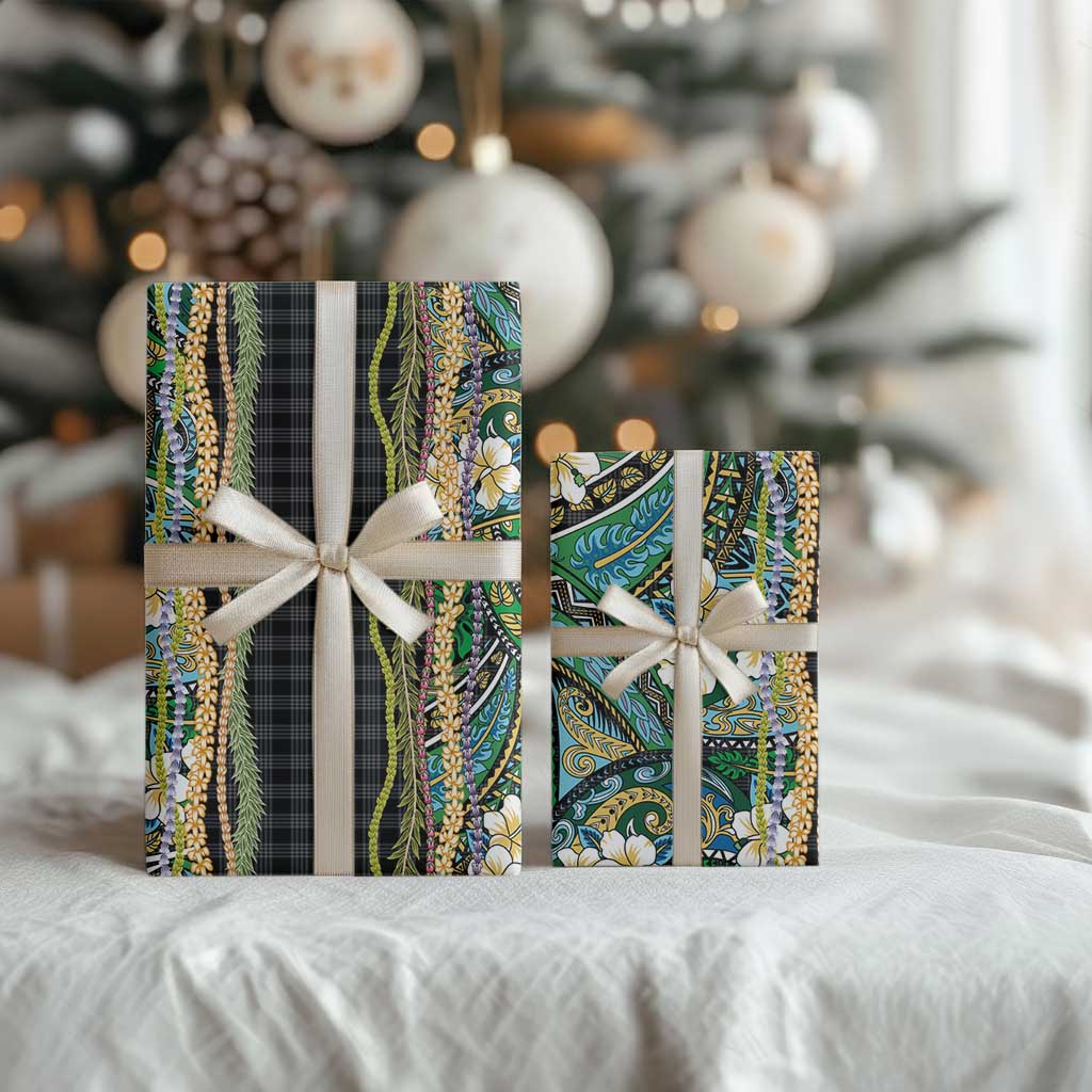 Hawaiian Art Flower Tribal with Lei Wrapping Paper Palaka Pattern Black Color - Polynesian Pride