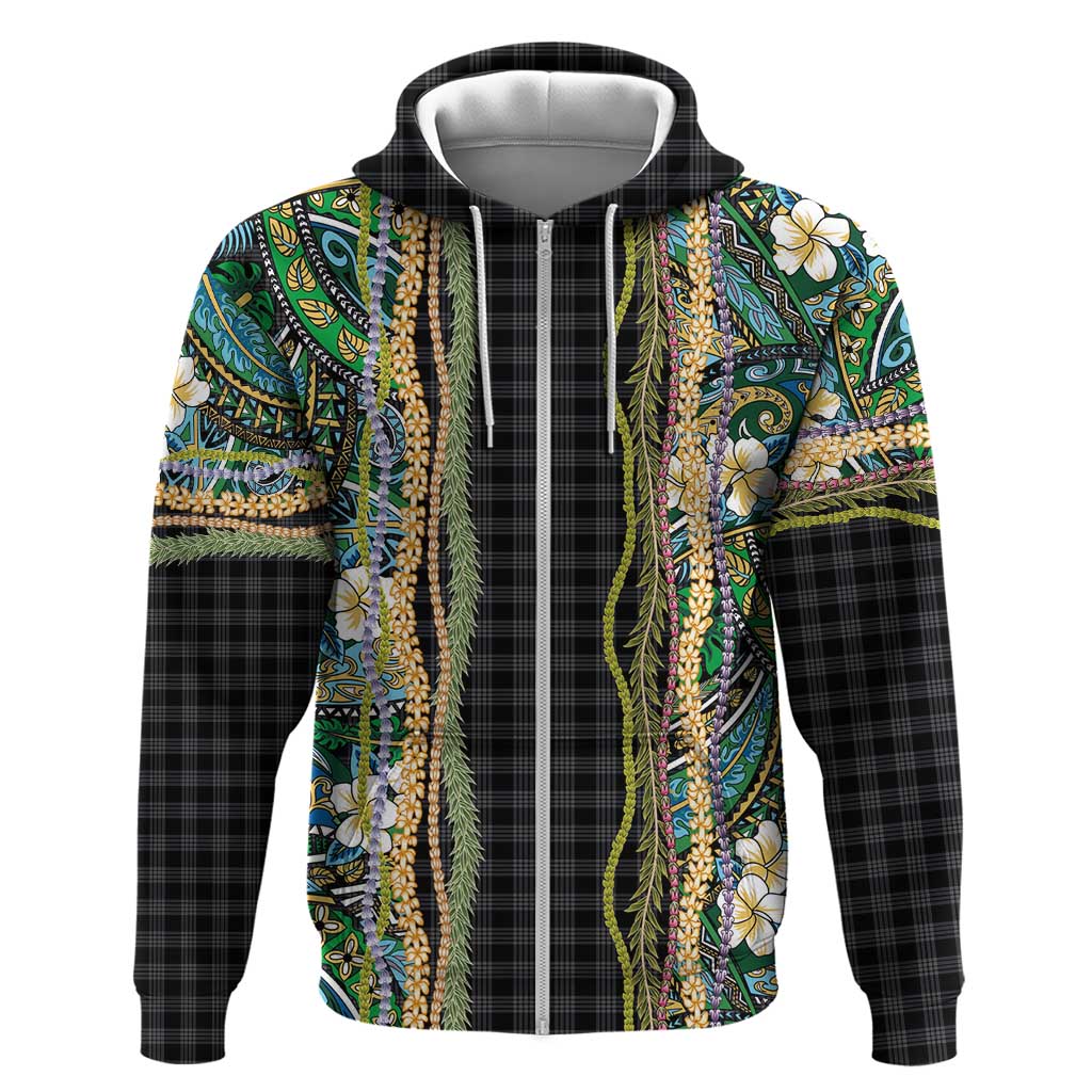 Hawaiian Art Flower Tribal with Lei Zip Hoodie Palaka Pattern Black Color - Polynesian Pride