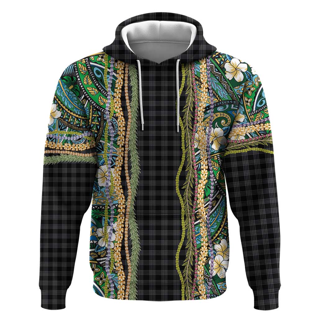 Hawaiian Art Flower Tribal with Lei Zip Hoodie Palaka Pattern Black Color - Polynesian Pride