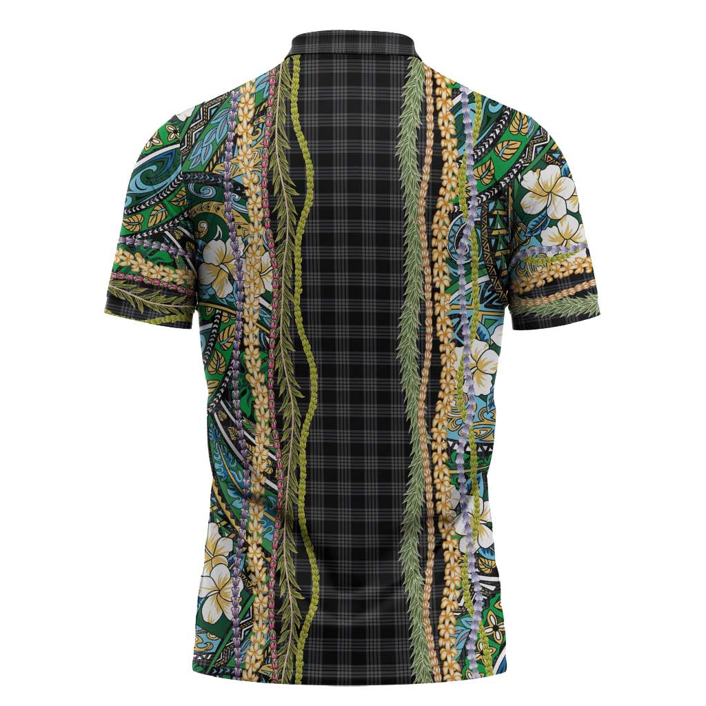 Hawaiian Art Flower Tribal with Lei Zipper Polo Shirt Palaka Pattern Black Color - Polynesian Pride