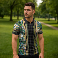 Hawaiian Art Flower Tribal with Lei Zipper Polo Shirt Palaka Pattern Black Color - Polynesian Pride