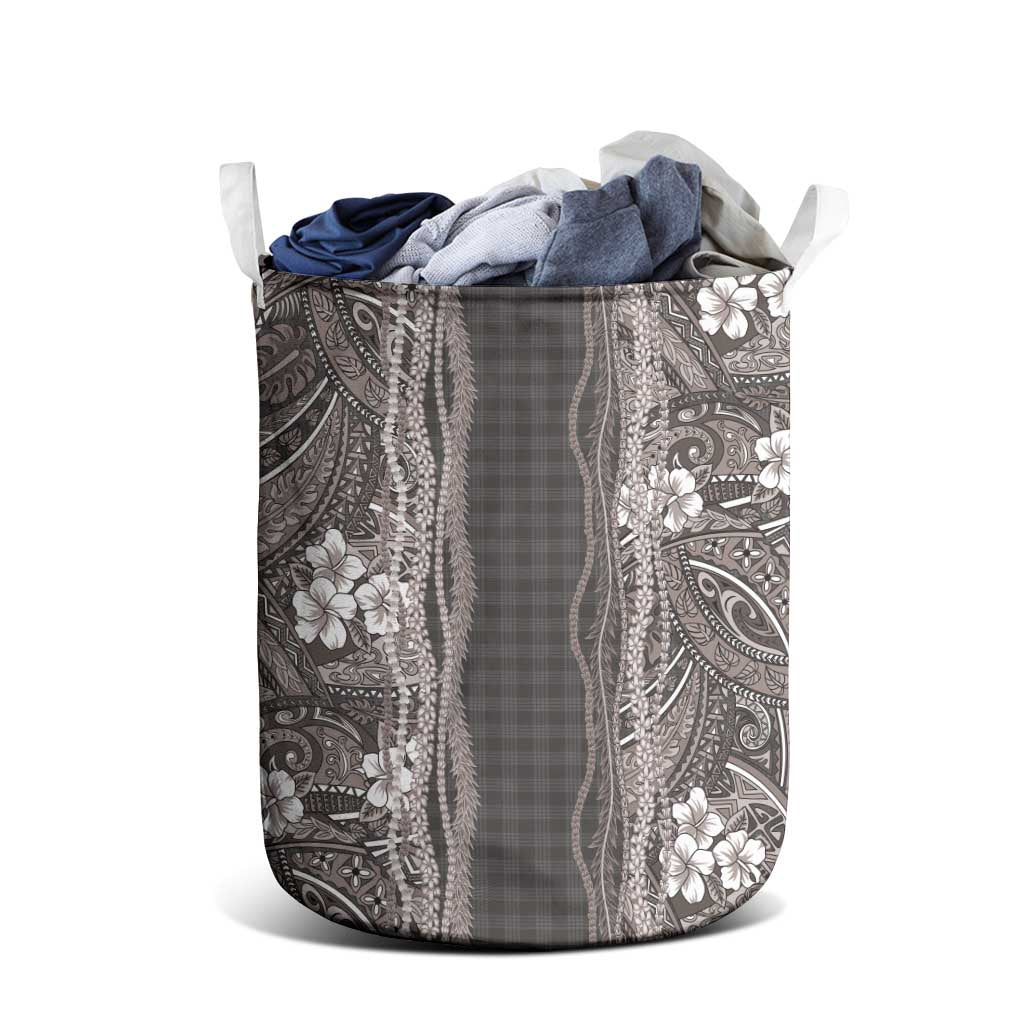 Hawaiian Art Flower Tribal with Lei Laundry Basket Palaka Pattern Grayscale - Polynesian Pride