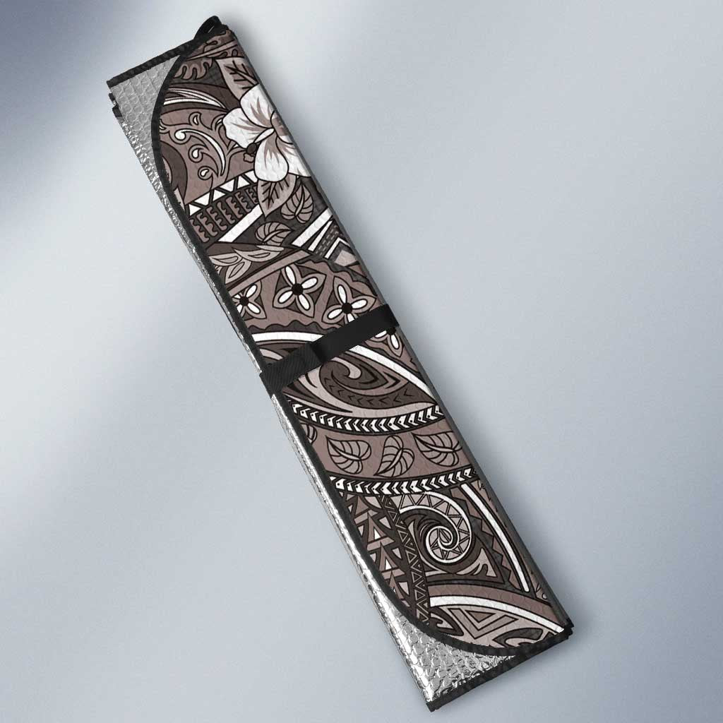 Hawaiian Art Flower Tribal with Lei Auto Sun Shade Palaka Pattern Grayscale - Polynesian Pride