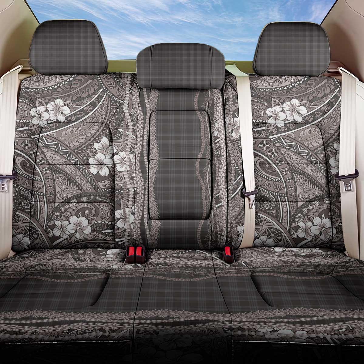 Hawaiian Art Flower Tribal with Lei Back Car Seat Cover Palaka Pattern Grayscale - Polynesian Pride