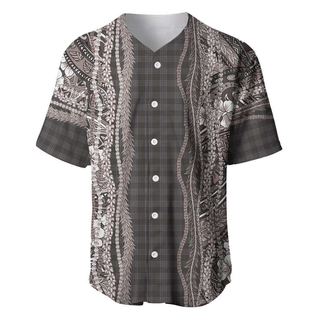 Hawaiian Art Flower Tribal with Lei Baseball Jersey Palaka Pattern Grayscale LT03 Gray - Polynesian Pride