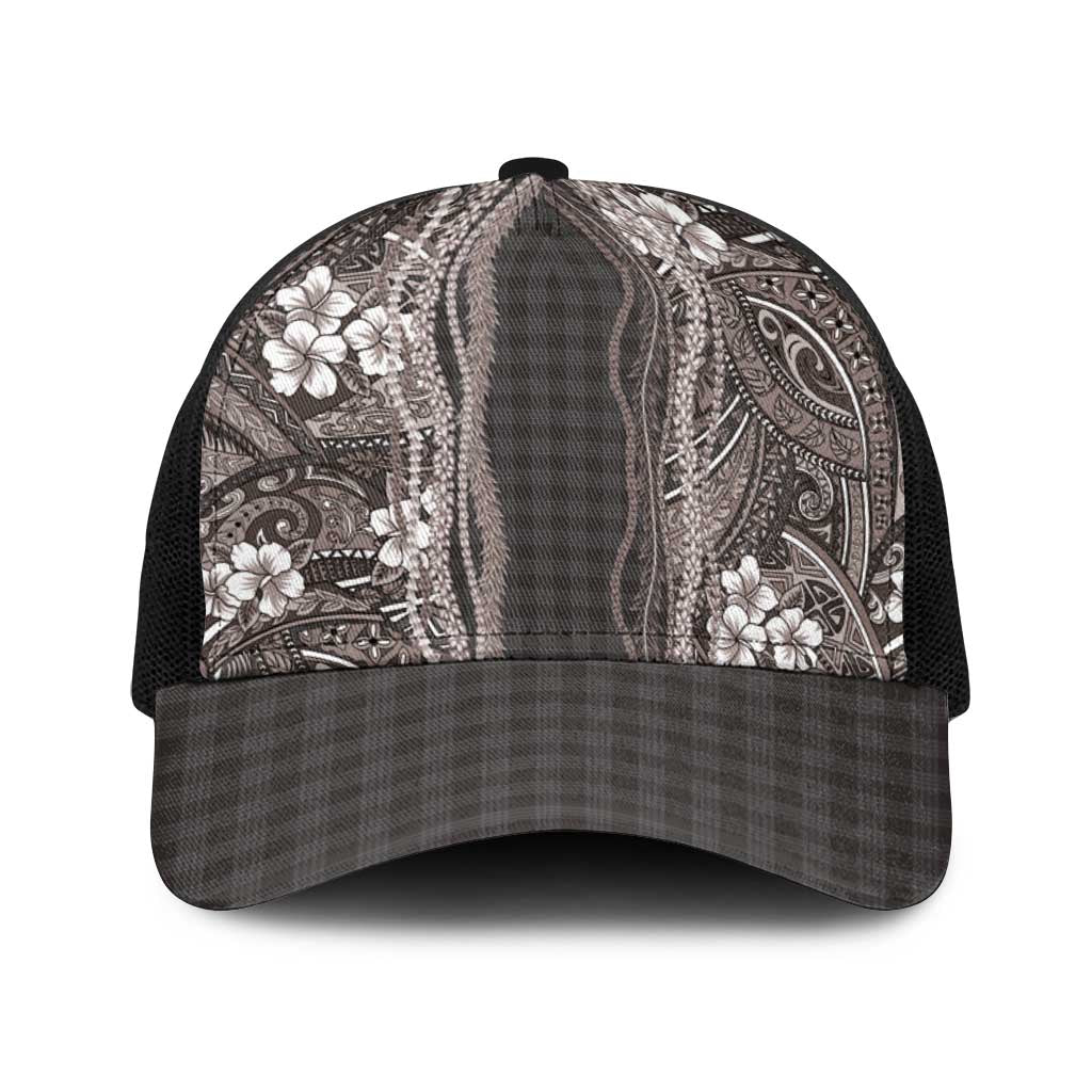 Hawaiian Art Flower Tribal with Lei Baseball Net Cap Palaka Pattern Grayscale - Polynesian Pride