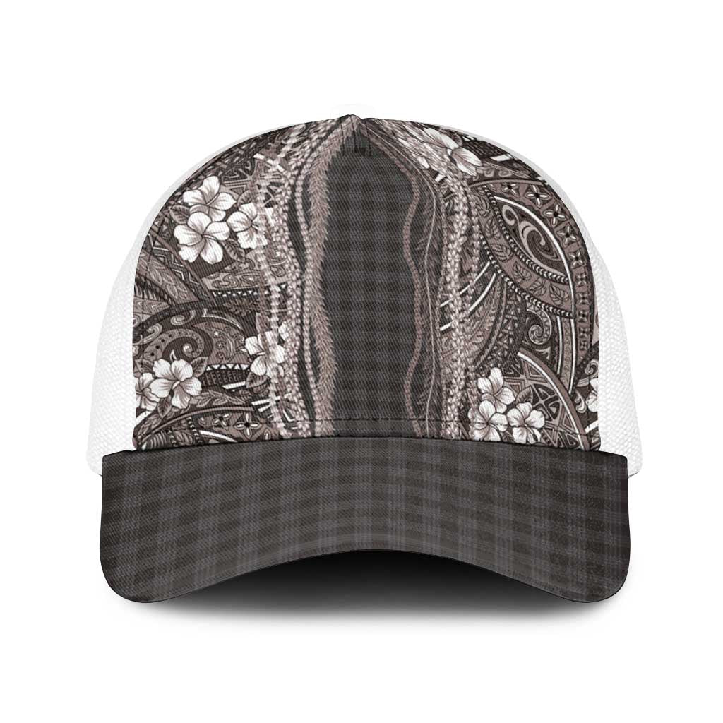 Hawaiian Art Flower Tribal with Lei Baseball Net Cap Palaka Pattern Grayscale - Polynesian Pride
