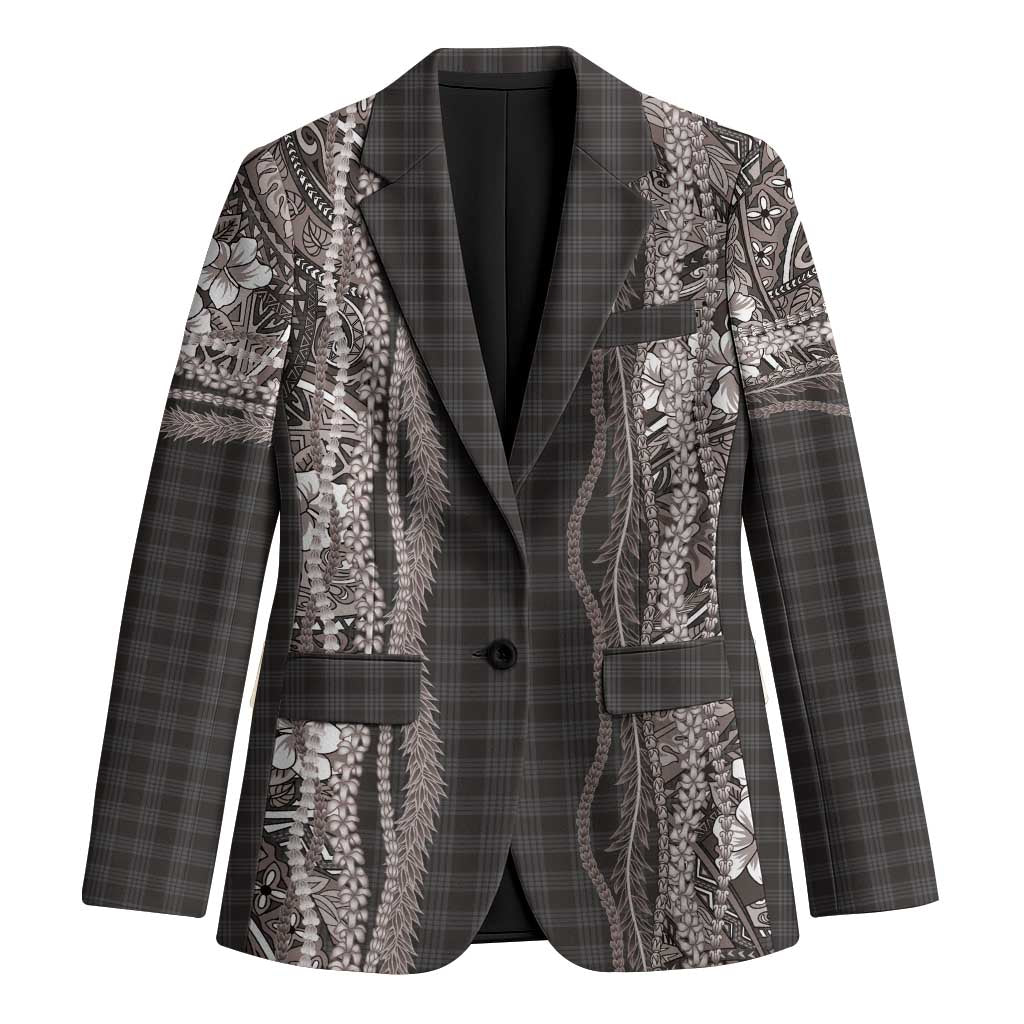 Hawaiian Art Flower Tribal with Lei Blazer Palaka Pattern Grayscale LT03 Unisex Gray - Polynesian Pride