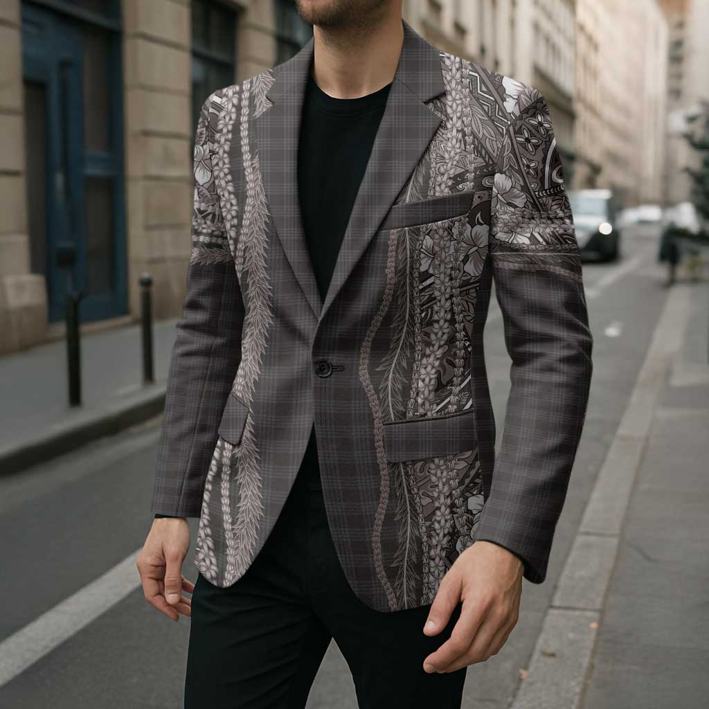 Hawaiian Art Flower Tribal with Lei Blazer Palaka Pattern Grayscale - Polynesian Pride