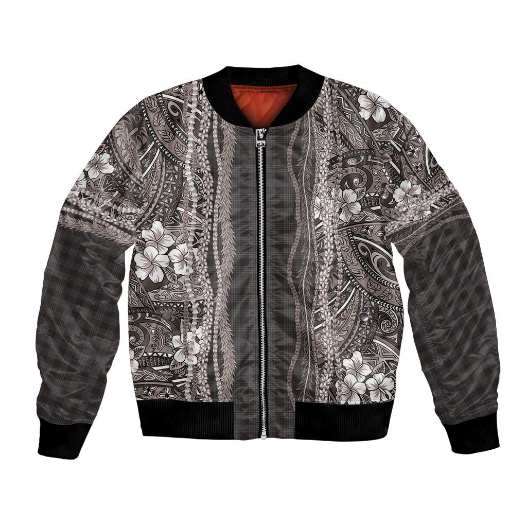 Hawaiian Art Flower Tribal with Lei Bomber Jacket Palaka Pattern Grayscale LT03 Unisex Gray - Polynesian Pride