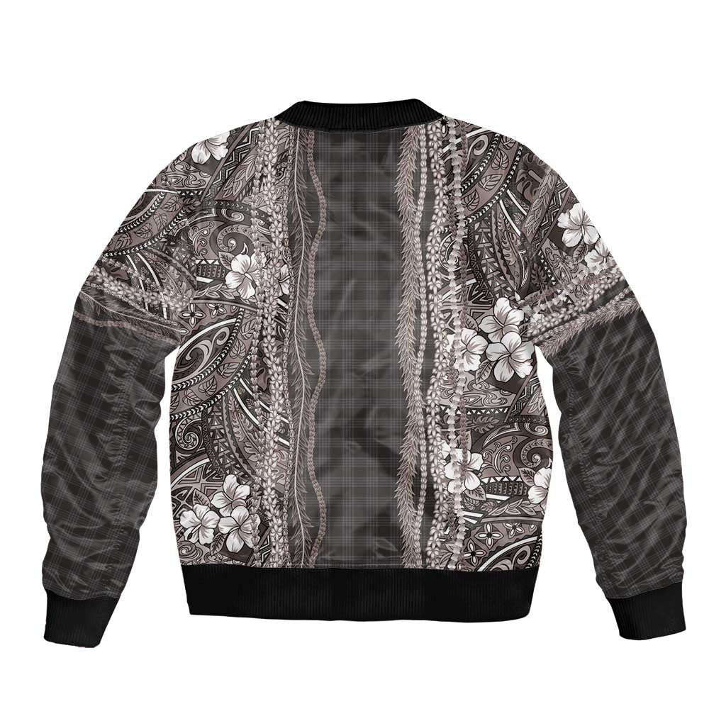 Hawaiian Art Flower Tribal with Lei Bomber Jacket Palaka Pattern Grayscale - Polynesian Pride