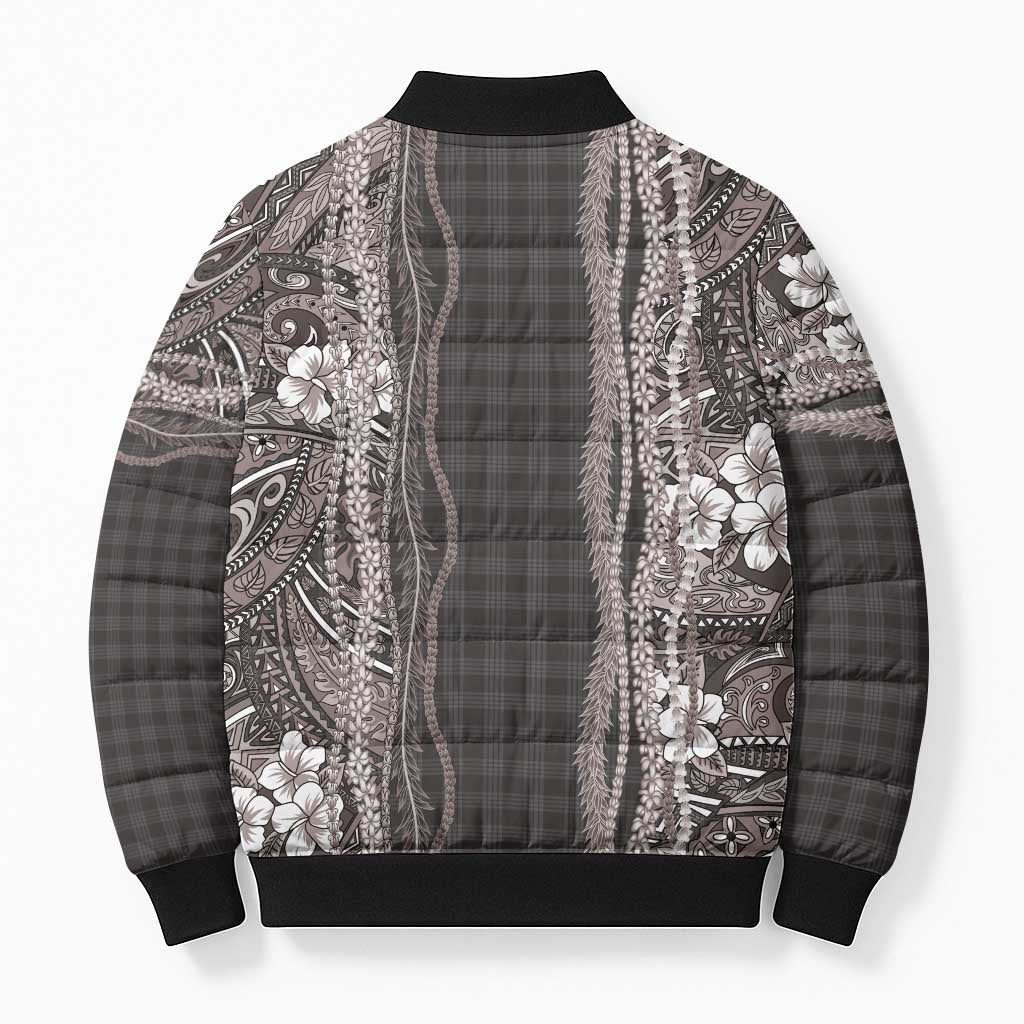 Hawaiian Art Flower Tribal with Lei Bomber Puffer Jacket Palaka Pattern Grayscale - Polynesian Pride