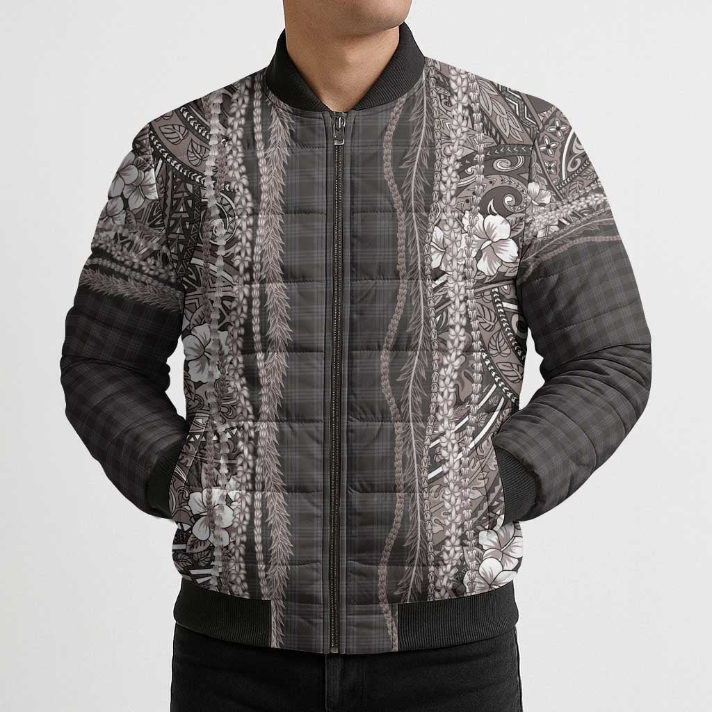 Hawaiian Art Flower Tribal with Lei Bomber Puffer Jacket Palaka Pattern Grayscale - Polynesian Pride