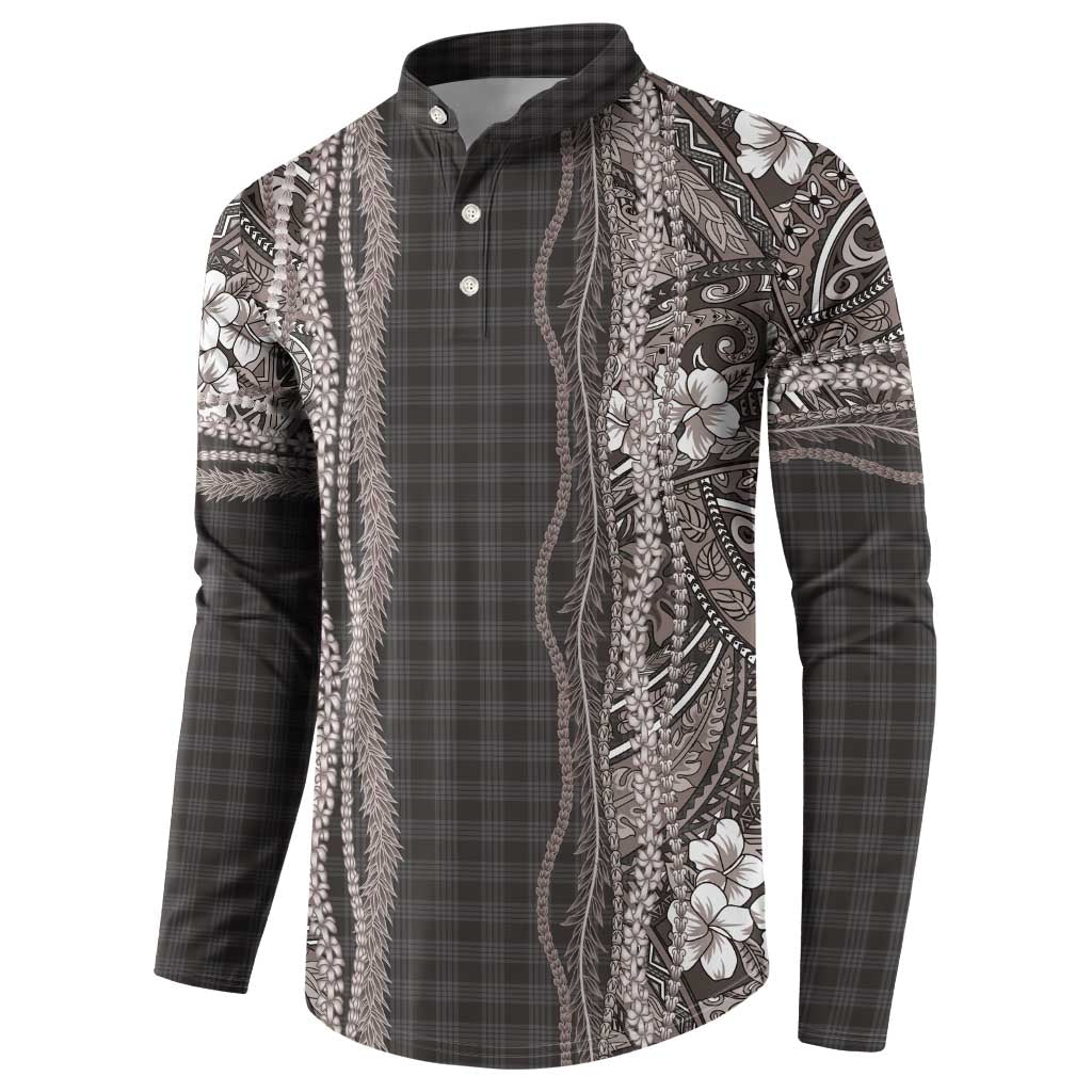 Hawaiian Art Flower Tribal with Lei Button Sweatshirt Palaka Pattern Grayscale - Polynesian Pride