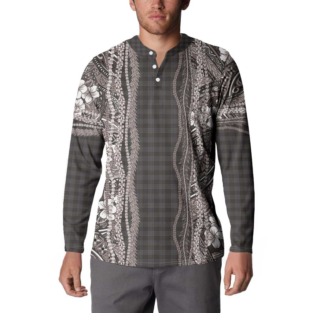 Hawaiian Art Flower Tribal with Lei Button Sweatshirt Palaka Pattern Grayscale - Polynesian Pride