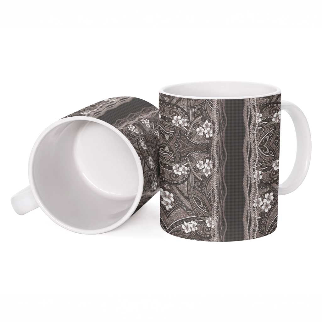 Hawaiian Art Flower Tribal with Lei Ceramic Mug Palaka Pattern Grayscale - Polynesian Pride