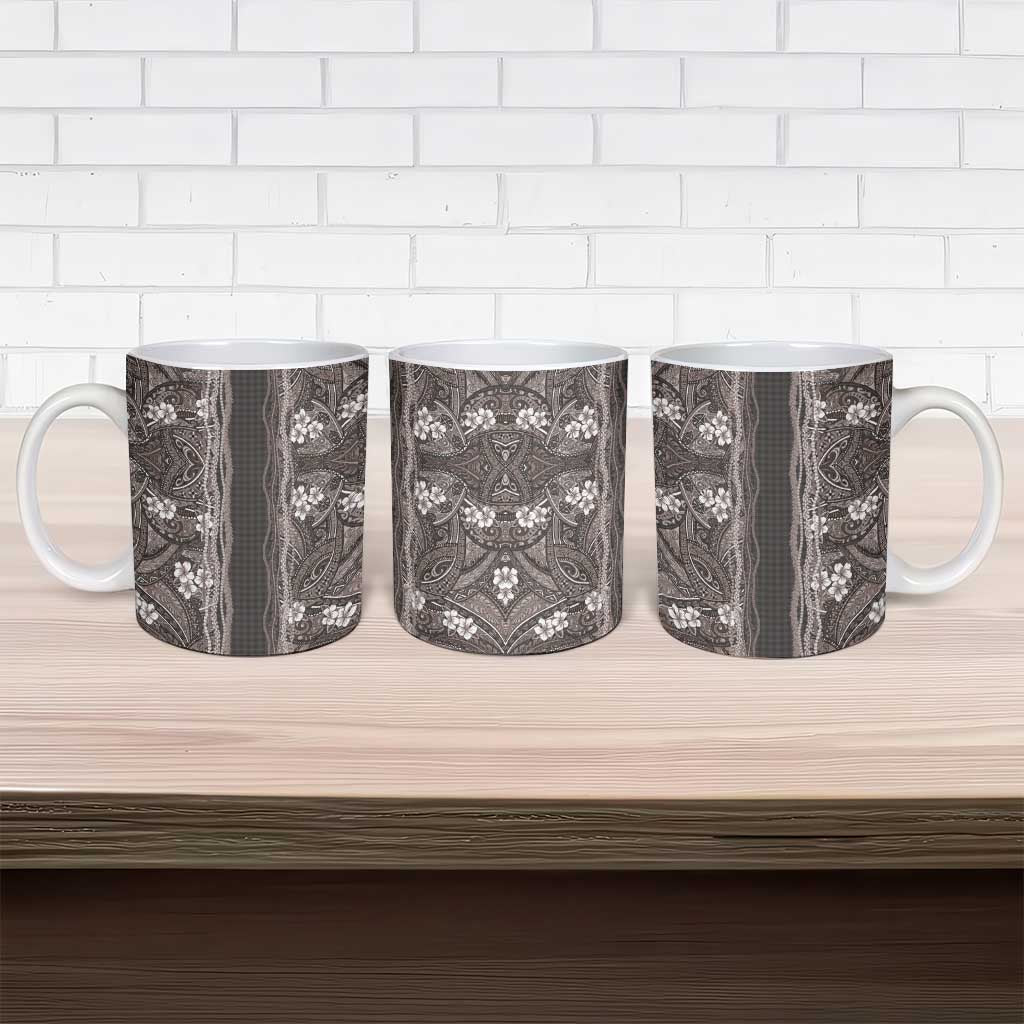 Hawaiian Art Flower Tribal with Lei Ceramic Mug Palaka Pattern Grayscale - Polynesian Pride