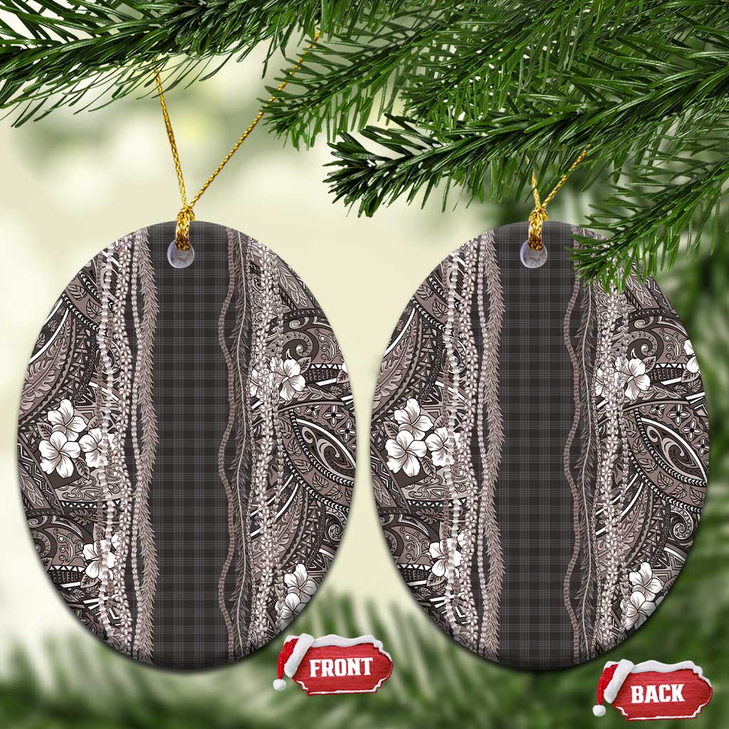 Hawaiian Art Flower Tribal with Lei Ceramic Ornament Palaka Pattern Grayscale - Polynesian Pride