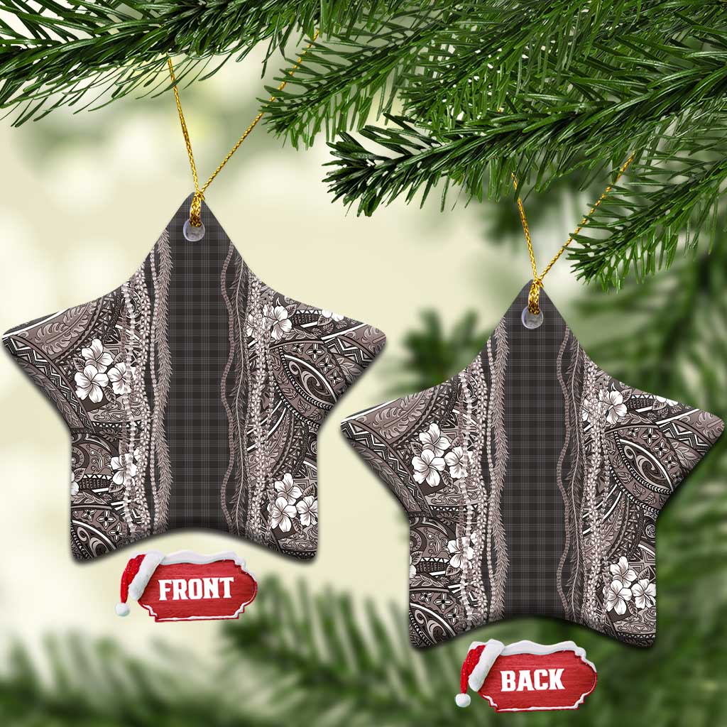 Hawaiian Art Flower Tribal with Lei Ceramic Ornament Palaka Pattern Grayscale - Polynesian Pride