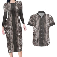 Hawaiian Art Flower Tribal with Lei Couples Matching Long Sleeve Bodycon Dress and Hawaiian Shirt Palaka Pattern Grayscale - Polynesian Pride