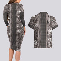 Hawaiian Art Flower Tribal with Lei Couples Matching Long Sleeve Bodycon Dress and Hawaiian Shirt Palaka Pattern Grayscale - Polynesian Pride