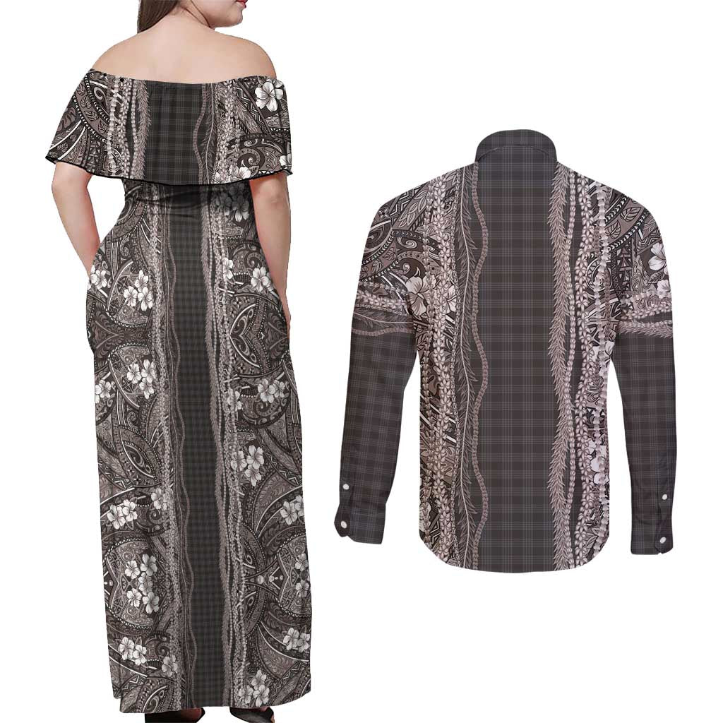Hawaiian Art Flower Tribal with Lei Couples Matching Off Shoulder Maxi Dress and Long Sleeve Button Shirt Palaka Pattern Grayscale - Polynesian Pride