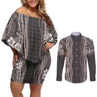 Hawaiian Art Flower Tribal with Lei Couples Matching Off Shoulder Short Dress and Long Sleeve Button Shirt Palaka Pattern Grayscale - Polynesian Pride
