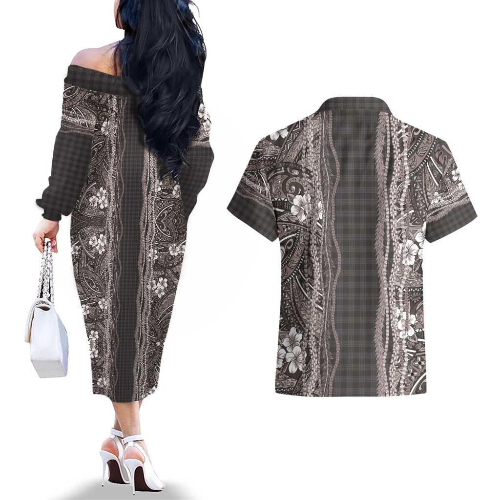 Hawaiian Art Flower Tribal with Lei Couples Matching Off The Shoulder Long Sleeve Dress and Hawaiian Shirt Palaka Pattern Grayscale - Polynesian Pride