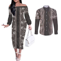 Hawaiian Art Flower Tribal with Lei Couples Matching Off The Shoulder Long Sleeve Dress and Long Sleeve Button Shirt Palaka Pattern Grayscale - Polynesian Pride