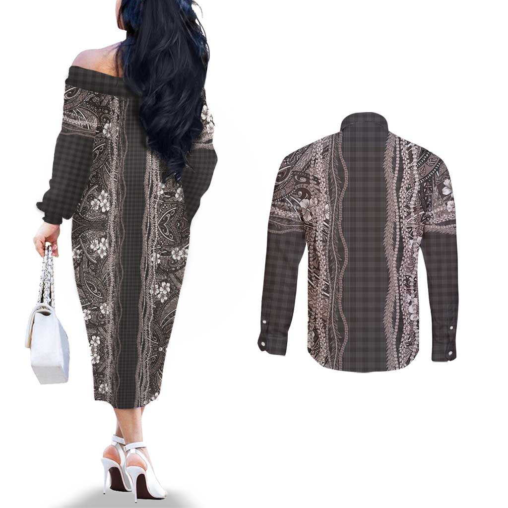 Hawaiian Art Flower Tribal with Lei Couples Matching Off The Shoulder Long Sleeve Dress and Long Sleeve Button Shirt Palaka Pattern Grayscale - Polynesian Pride