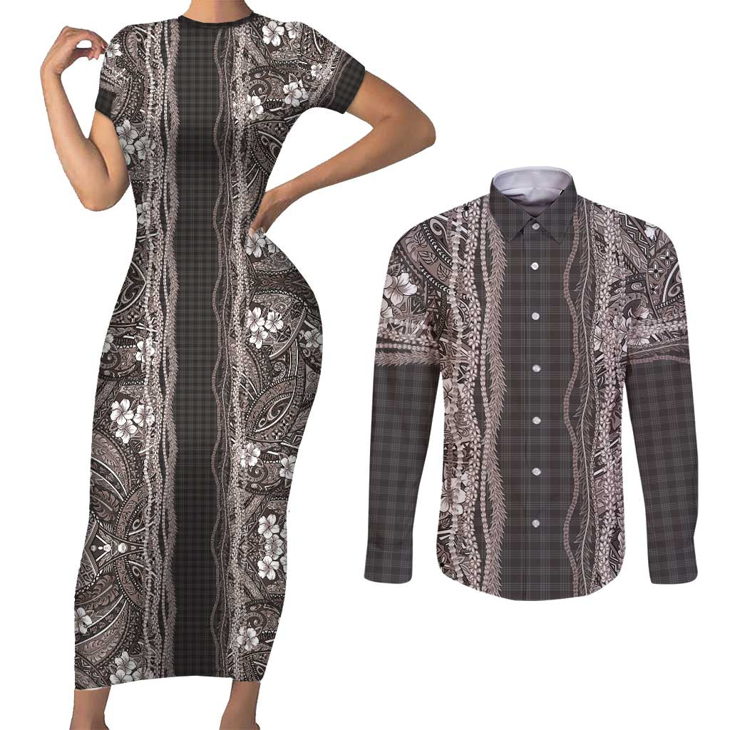 Hawaiian Art Flower Tribal with Lei Couples Matching Short Sleeve Bodycon Dress and Long Sleeve Button Shirt Palaka Pattern Grayscale - Polynesian Pride