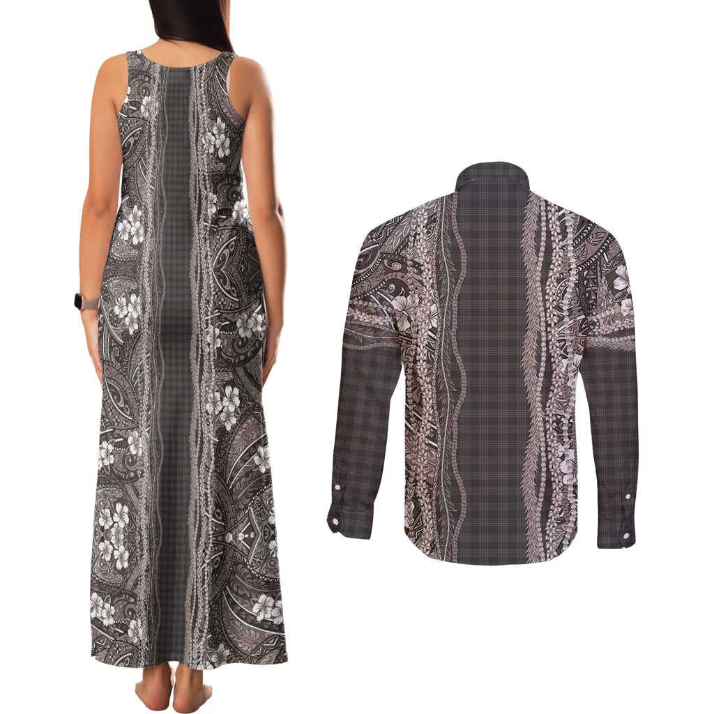 Hawaiian Art Flower Tribal with Lei Couples Matching Tank Maxi Dress and Long Sleeve Button Shirt Palaka Pattern Grayscale - Polynesian Pride