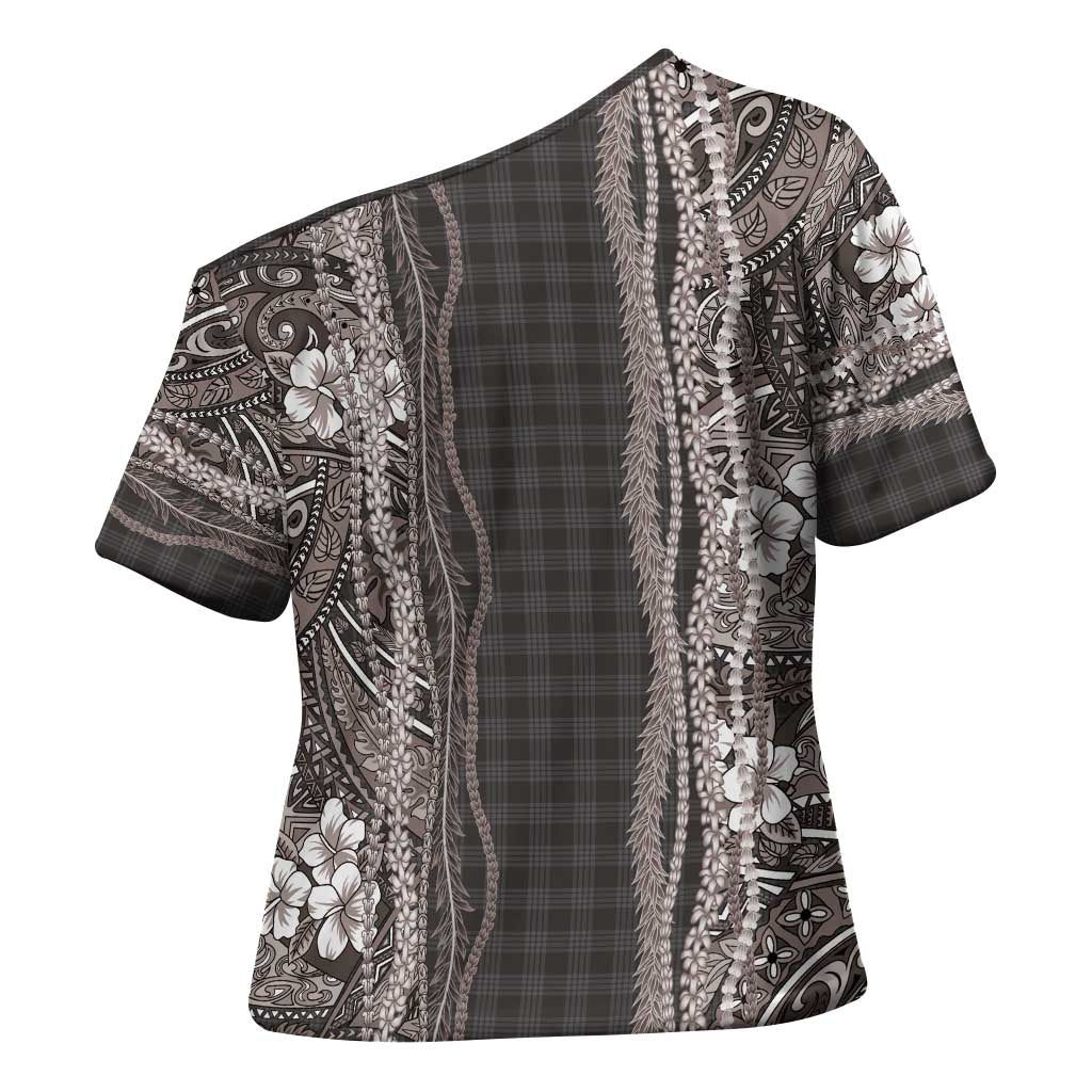 Hawaiian Art Flower Tribal with Lei Cross Shoulder Shirt Palaka Pattern Grayscale - Polynesian Pride
