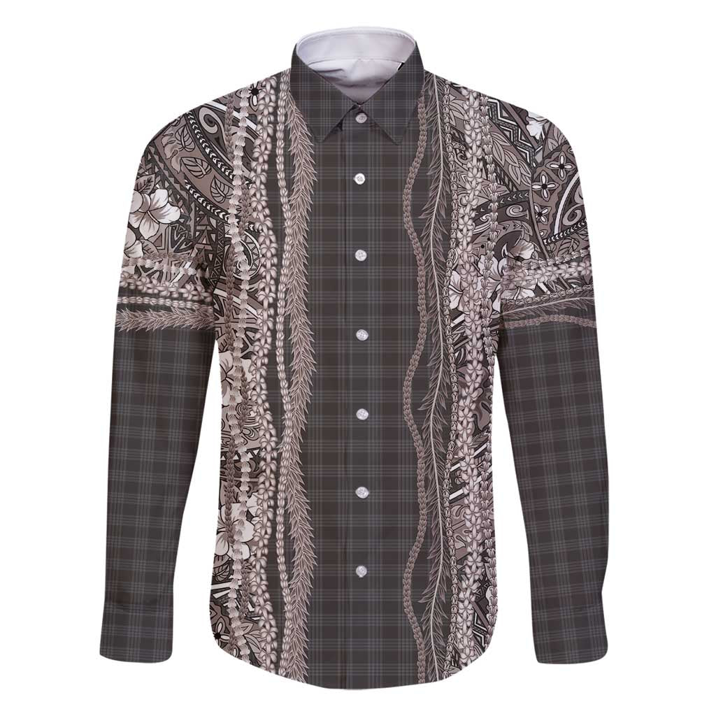 Hawaiian Art Flower Tribal with Lei Family Matching Long Sleeve Bodycon Dress and Hawaiian Shirt Palaka Pattern Grayscale - Polynesian Pride