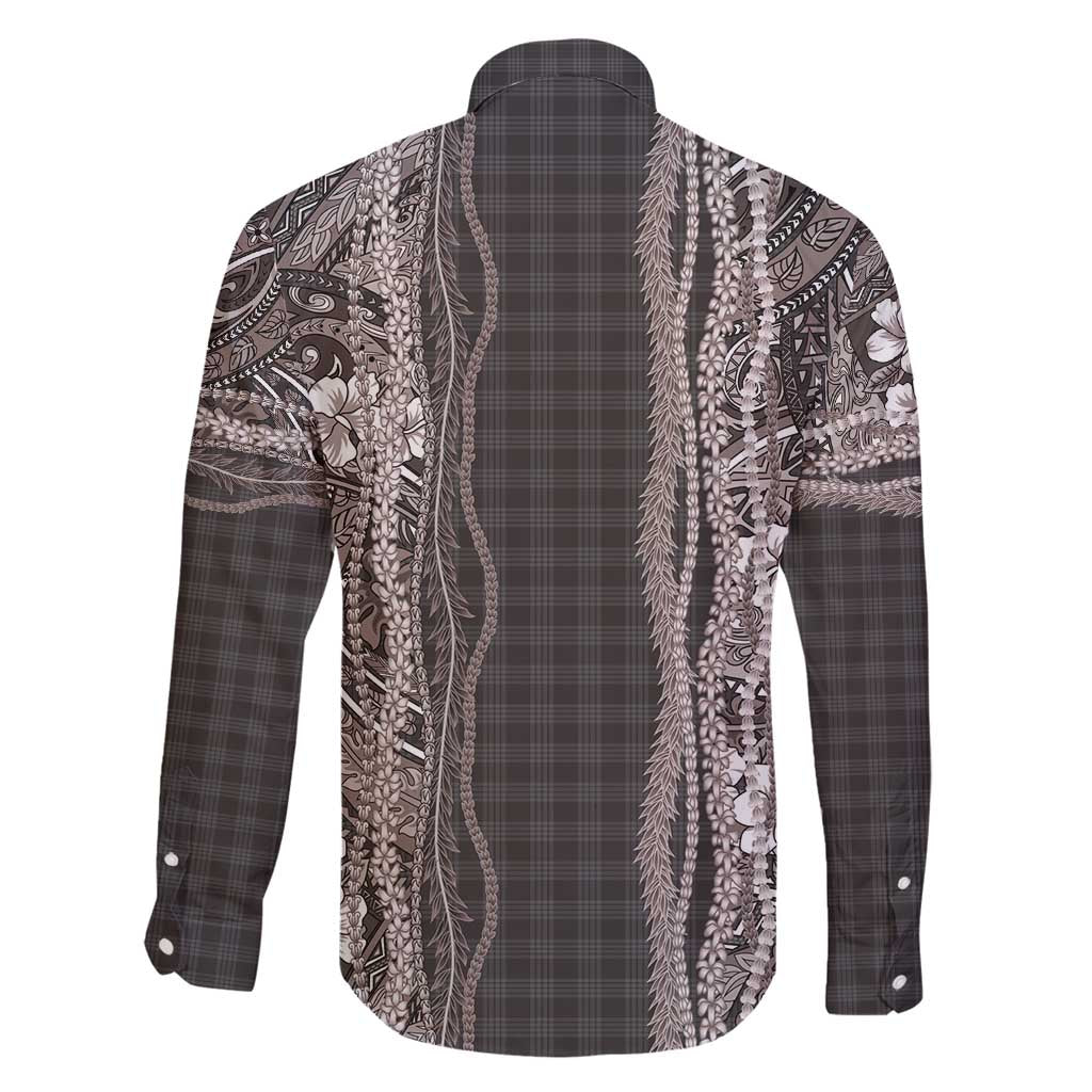 Hawaiian Art Flower Tribal with Lei Family Matching Long Sleeve Bodycon Dress and Hawaiian Shirt Palaka Pattern Grayscale - Polynesian Pride