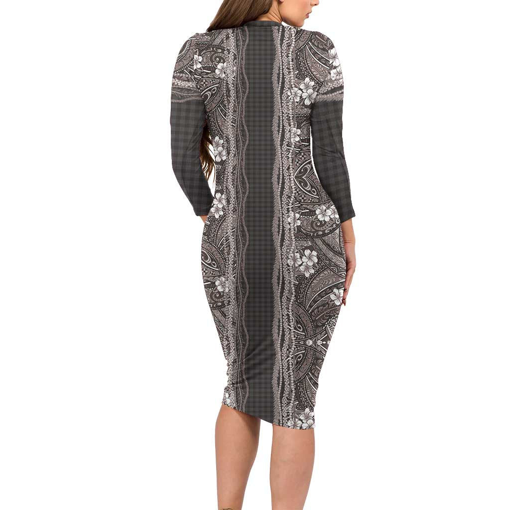 Hawaiian Art Flower Tribal with Lei Family Matching Long Sleeve Bodycon Dress and Hawaiian Shirt Palaka Pattern Grayscale - Polynesian Pride