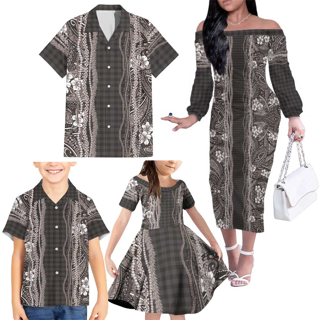 Hawaiian Art Flower Tribal with Lei Family Matching Off The Shoulder Long Sleeve Dress and Hawaiian Shirt Palaka Pattern Grayscale LT03 - Polynesian Pride