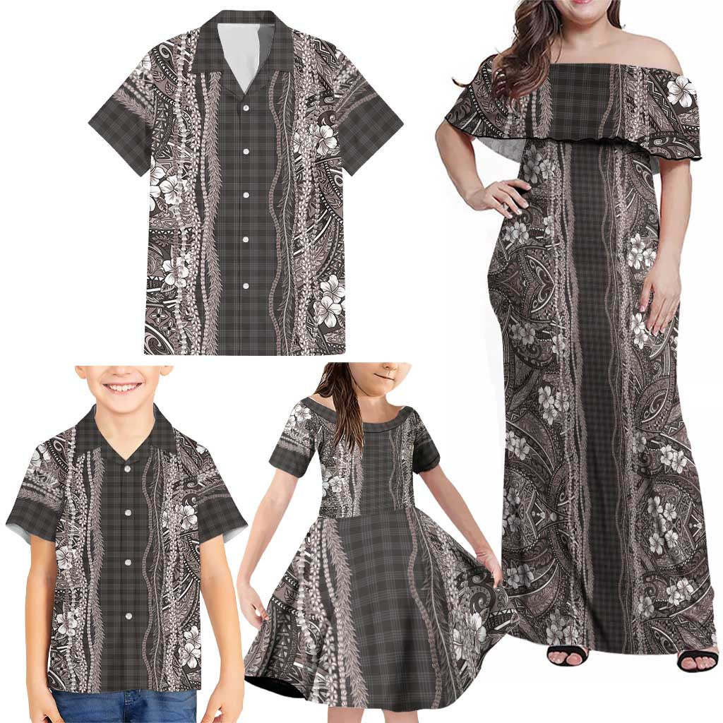 Hawaiian Art Flower Tribal with Lei Family Matching Off Shoulder Maxi Dress and Hawaiian Shirt Palaka Pattern Grayscale LT03 - Polynesian Pride