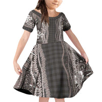 Hawaiian Art Flower Tribal with Lei Family Matching Off Shoulder Short Dress and Hawaiian Shirt Palaka Pattern Grayscale - Polynesian Pride