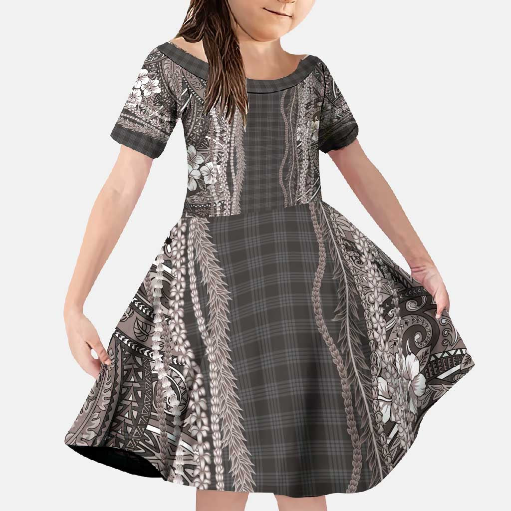 Hawaiian Art Flower Tribal with Lei Family Matching Short Sleeve Bodycon Dress and Hawaiian Shirt Palaka Pattern Grayscale - Polynesian Pride